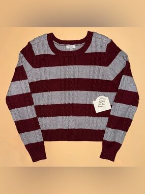 Orange Kiss Essentials XL Burgundy Gray Cable Knit Striped Crewneck Sweater NWT